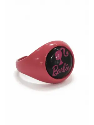 Pembe Barbie Yazılı ve Logolu Yüzük - Siyah Yuvarlak Detaylı Retro Aksesuar