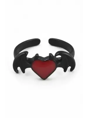 Gothic Punk Tarzı Yarasa Kanatlı Kalp Kırmızı Yüzük - Grunge ve Y2K Sokak Modası Takı