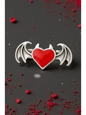 Antik Gümüş Kaplama Anime Gothic Heart Decor Çift Kanat Unisex Ayarlanabilir Yüzük