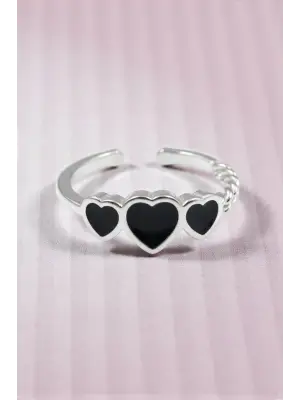 3lü Siyah Kalp Figürlü Yüzük - Gümüş Renk Ayarlanabilir Minimal Kadın Takı