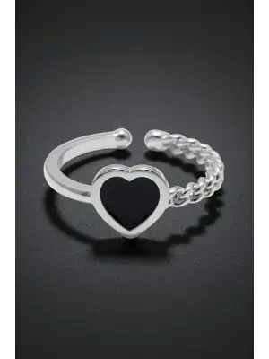 Siyah Kalp Figürlü Tektaş Yüzük - Gümüş Renk Ayarlanabilir Minimal Kadın Takı