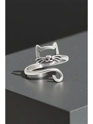 Antik Gümüş Kaplama Ayarlanabilir Kedi Fairy Karakter Cat Unisex Yüzük