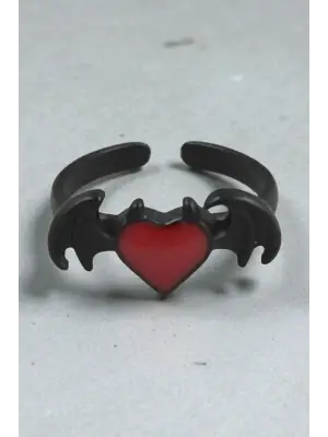 Gothic Punk Tarzı Yarasa Kanatlı Kalp Kırmızı Yüzük - Grunge ve Y2K Sokak Modası Takı