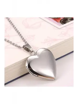 Antik Gümüş Kaplama El Yapımı Fotoğraflı Içi Açılır, Kalp Biçimli, Kapaklı Zincirli Kolye