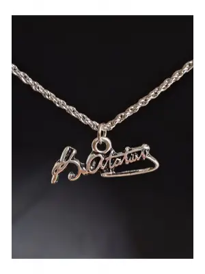 Antik Gümüş Kaplama Kemal Atatürk İmzalı İsim Unisex Zincirli Hediyelik Kolye