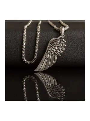 Antik Gümüş Kaplama Unisex Kartal Kanadı Figürlü Erkek Çelik Zincirli Kolye