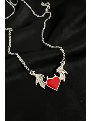 Antik Gümüş Kaplama Vintage Devil Red Heart Kolye