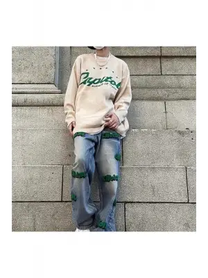 Day Light Y2K Vintage Harajuku Star Capitol Ön Arka Baskılı Unisex Oversize Ecru Kazak