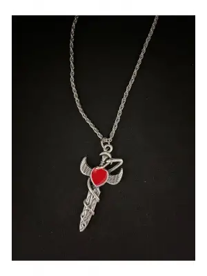 Gümüş Kaplama Paslanmaz Çelik Unisex Kırmızı Motifli Pentegram Aksesuar Zincirli Kolye