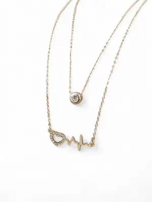 Zirkon Taşlı Kalp Atışı ve Tektaş Detaylı İkili Gold Kadın Kolye