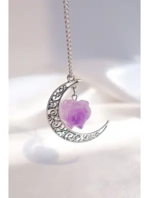İhtişamlı Doğal Taş Amestistli Moon Hediyelik Kolye