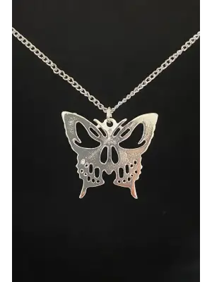 Paslanmaz Çelik Retro Vintage Aesthetic Grey Butterfly Zincirli Kolye