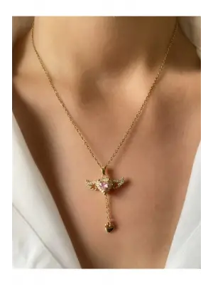 Pembe Zirkon Taşlı Melek Kanatlı Hareketli Paslanmaz Çelik Kolye