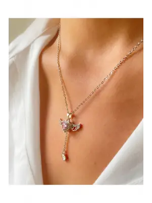 Pembe Zirkon Taşlı Melek Kanatlı Hareketli Paslanmaz Çelik Kolye
