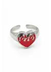 Y2K Tarzı Alevli Kırmızı Kalp Yüzük - Eriyen Kalp Tasarımlı Gümüş Renk Takı