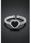 Siyah Kalp Figürlü Tektaş Yüzük - Gümüş Renk Ayarlanabilir Minimal Kadın Takı