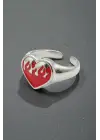 Y2K Tarzı Alevli Kırmızı Kalp Yüzük - Eriyen Kalp Tasarımlı Gümüş Renk Takı