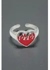 Y2K Tarzı Alevli Kırmızı Kalp Yüzük - Eriyen Kalp Tasarımlı Gümüş Renk Takı