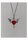 Antik Gümüş Kaplama Kanatlı Kuru Kafalı Kırmızı Kalp Kolye