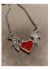 Kırmızı Kalpli Yarasa Kanatlı Zincirli Kolye