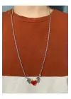 Kırmızı Kalpli Yarasa Kanatlı Zincirli Kolye