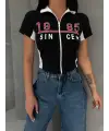1985 Since Baskılı Fermuarlı Crop Bluz