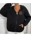 AC-DC Baskılı Oversize Fermuarlı Siyah Unisex Kapüşonlu Hırka