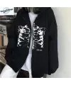Aesthetic Skeleton Baskılı Oversize Fermuarlı Siyah Unisex Kapüşonlu Hırka