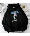 Anime Girl & Cat Baskılı Siyah Unisex Oversize Kapüşonlu Sweatshirt