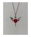 Antik Gümüş Kaplama Kanatlı Kuru Kafalı Kırmızı Kalp Kolye