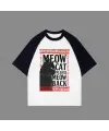 Beyaz Unisex Siyah Reglan Meow Cat T-Shirt