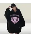 Black Three Cage Heart Baskılı Oversize Fermuarlı Siyah Unisex Kapüşonlu Hırka