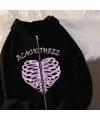 Black Three Cage Heart Baskılı Oversize Fermuarlı Siyah Unisex Kapüşonlu Hırka