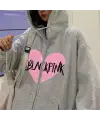 Blackpink Heart Baskılı Oversize Fermuarlı Gri Unisex Kapüşonlu Hırka