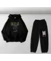 BTS Baskılı Siyah Oversize Kapüşonlu Sweatshirt & Eşofman Altı Unisex İkili Takım
