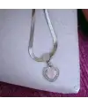Çelik Zirkon Taşlı Pembe Kalpli Gümüş Renk Ezme Zincir  Kolye