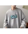 Chill Blue Baskılı Gri Unisex Oversize Bisiklet Yaka Sweatshirt