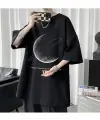 Crescent Saturn Baskılı Siyah Unisex Oversize T-Shirt