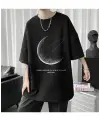 Crescent Saturn Baskılı Siyah Unisex Oversize T-Shirt