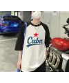 Cuba Baskılı Reglan Kol Beyaz Unisex Oversize T-Shirt