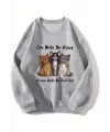 Cute Cat Baskılı Gri Unisex Oversize Bisiklet Yaka Sweatshirt
