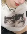 Cute Kitten Ribbed Baskılı Beyaz Crop