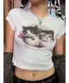 Cute Kitten Ribbed Baskılı Beyaz Crop