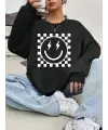 Dama Desen Smile Baskılı Siyah Unisex Oversize Bisiklet Yaka Sweatshirt
