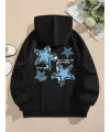 Denin Star Baskılı Siyah Kapşonlu Sweatshirt