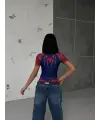 Dijital Baskılı Kısa Kollu  Spider Çıtçıtlı Crop Bluz