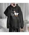 Duck Peace Baskılı Siyah Unisex Oversize Kapüşonlu Sweatshirt