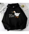 Duck Peace Baskılı Siyah Unisex Oversize Kapüşonlu Sweatshirt