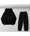 Düz Siyah Oversize Kapüşonlu Sweatshirt & Eşofman Altı Unisex İkili Takım