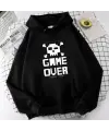 Game Over Baskılı Siyah Unisex Oversize Kapüşonlu Sweatshirt